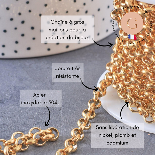 Chaine maille rolo acier 304 inoxydable doré IP 18k 6mm, x1 mètre (G2840)