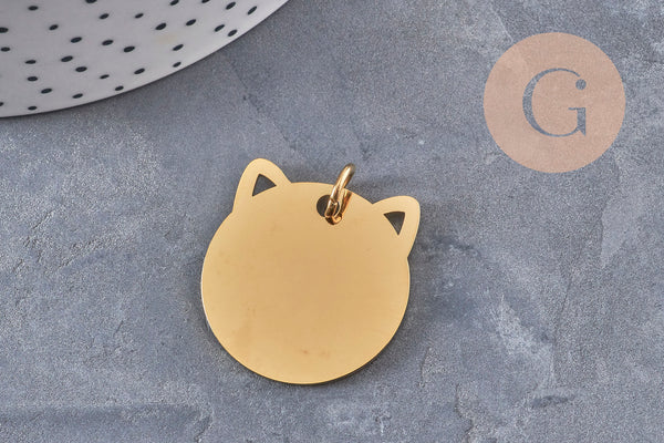Pendentif tête de chat acier 201 inoxydable doré 29mm personnalisable, x1 VALIDE
