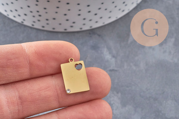 Pendentif rectangle coeur acier 304 inoxydable 304 doré à graver avec zircon 18.5mm, x1 (G11028)