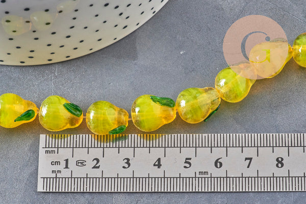 Perles Poire fruit verre tchèque artisanal 14mm, x1 fil de 28cm VALIDE
