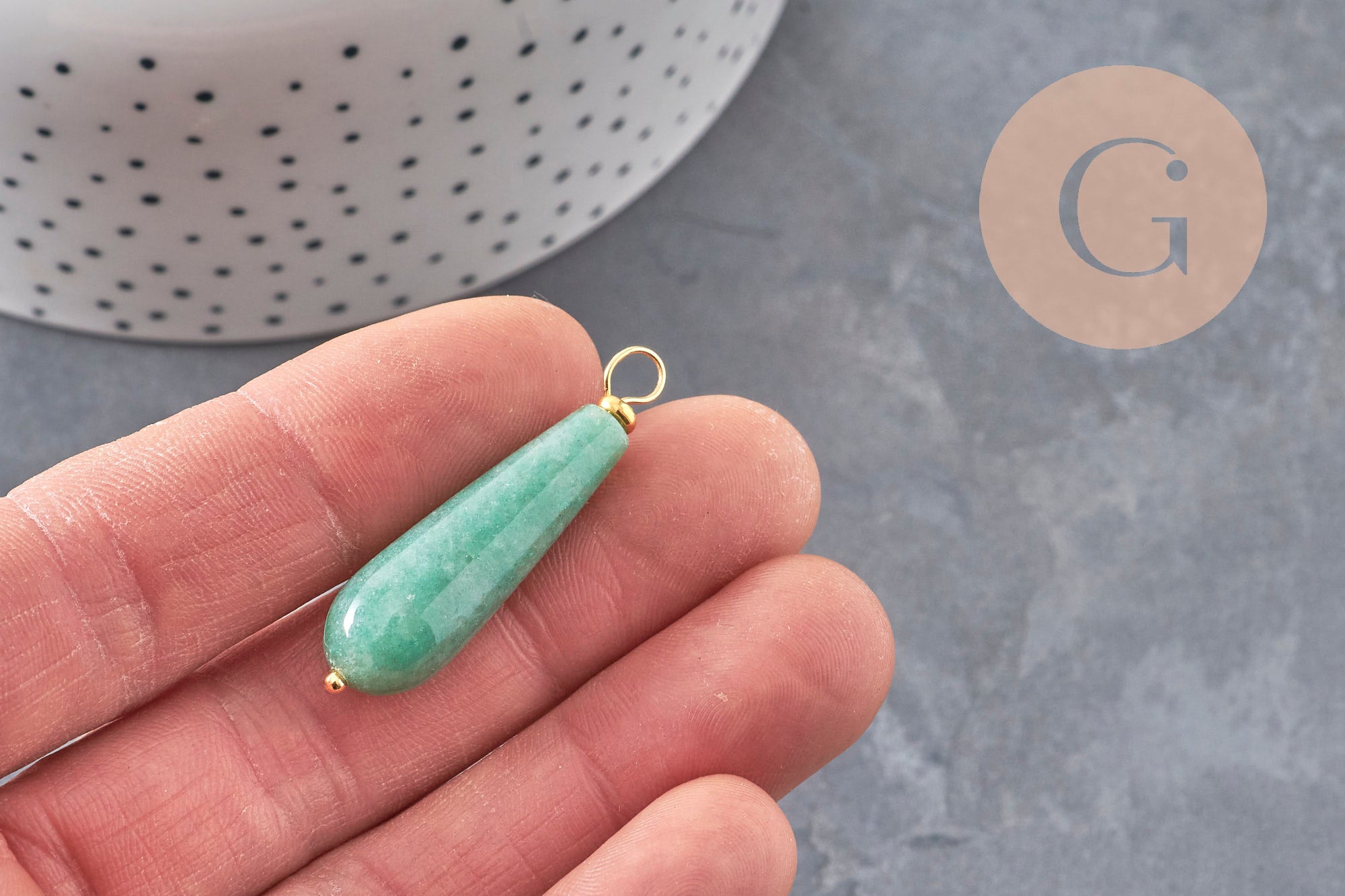 Pendentif goutte aventurine naturel laiton & acier doré 38mm, x1 (G11051)