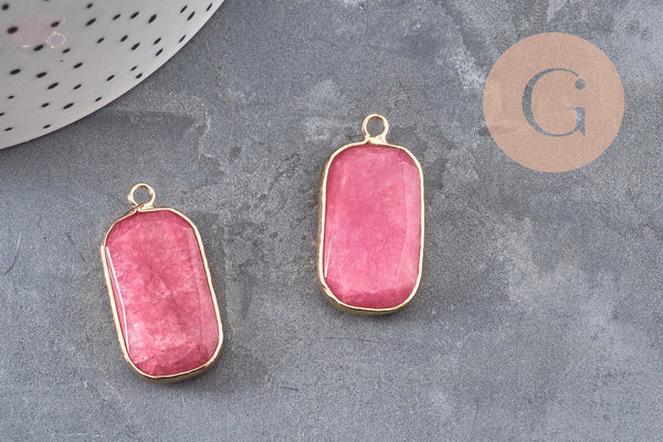 Pendentif rectangle jade naturel rose facettes laiton doré 31mm, x1 (G11043)