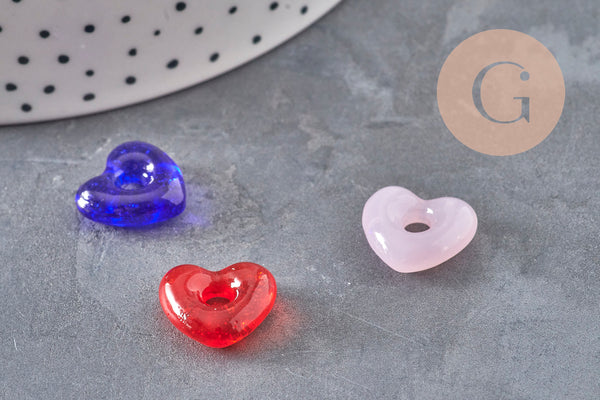 Pendentif Cœur verre artisanal coloré avec trou 14x15mm, x1 (G11039)