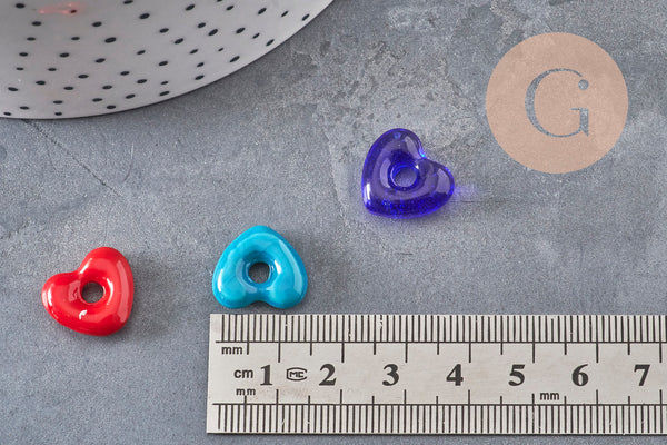 Pendentif Cœur verre artisanal coloré avec trou 14x15mm, x1 (G11039)