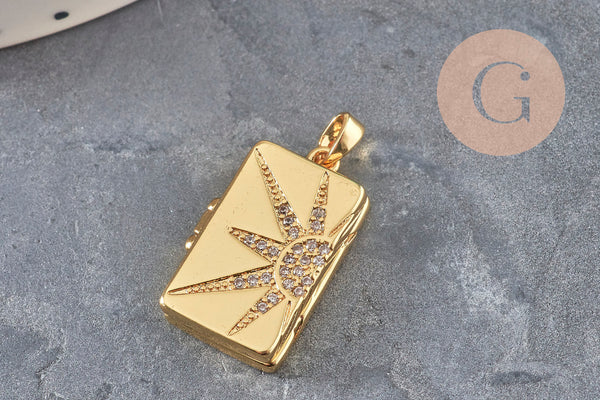 Pendentif locket rectangle laiton doré 18K étoiles zircons 23.5mm, x1 (G11042)