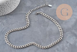 Collier Chaine maille cubaine diamantée acier inoxydable platine 9mm/41cm, x1 (G11055)