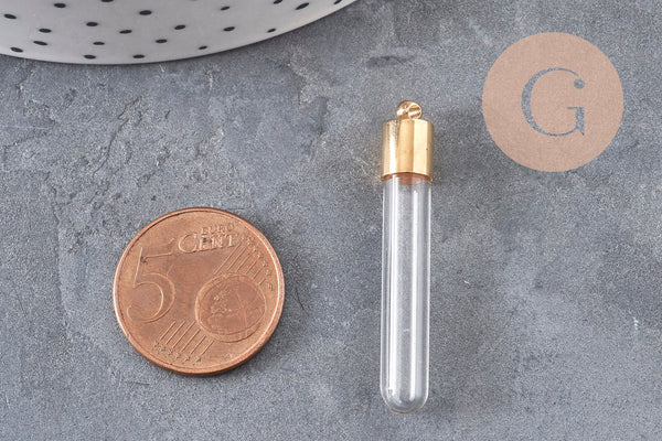 Pendentif fiole Bouteille verre fer doré 34mm, x1 (G11063)