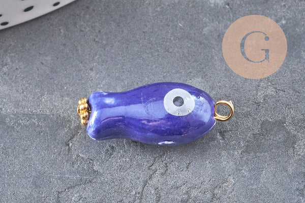 Pendentif poisson porcelaine multicolore Acier 304 inoxydable doré 25mm, x1 (G9816)