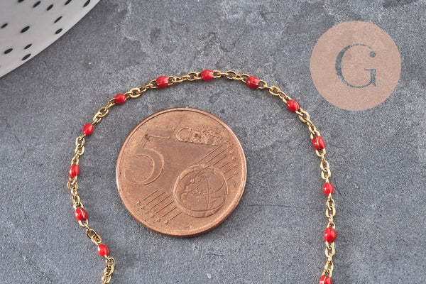 Bracelet Chaine 14k fantaisie résine rouge acier inoxydable doré 2mm/23cm, x1 (G1361)