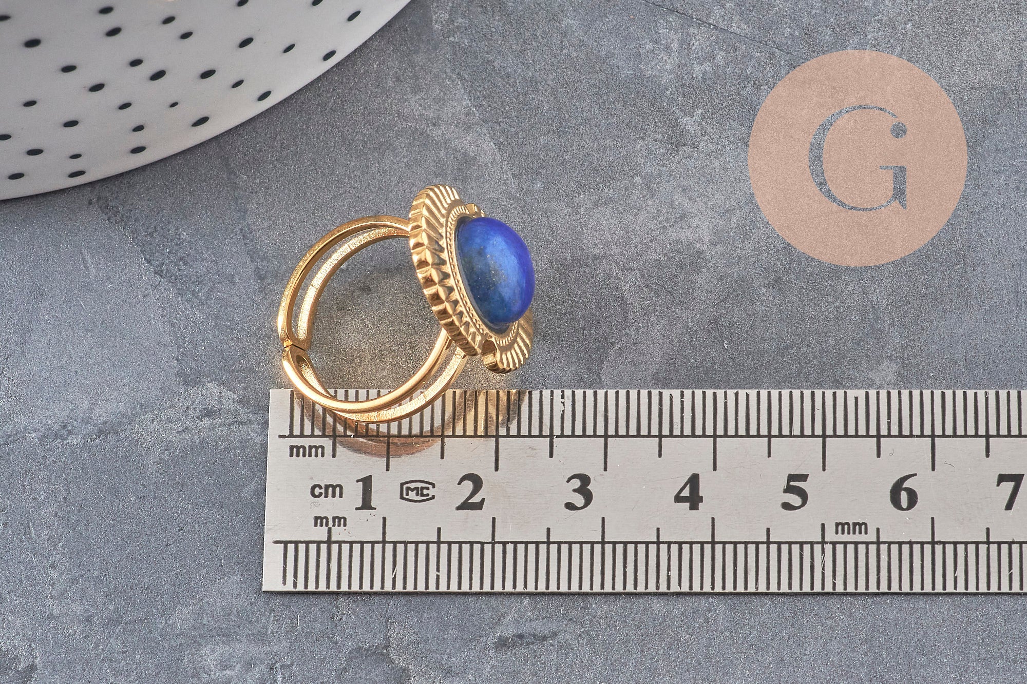 Bague réglable pierre bleue acier inoxydable doré PVD Taille 53, x1 (G11078)