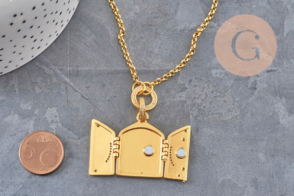 Collier pendentif locket papillon personnalisable cuivre doré zircons , x1 (G11069) VALIDE