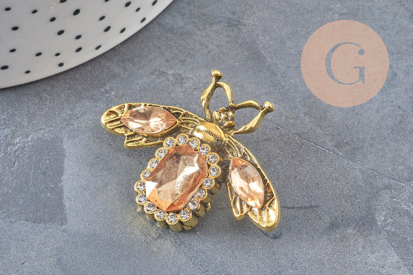 Broche abeille zamac doré Cristal champagne 47mm, x1 (G11086)