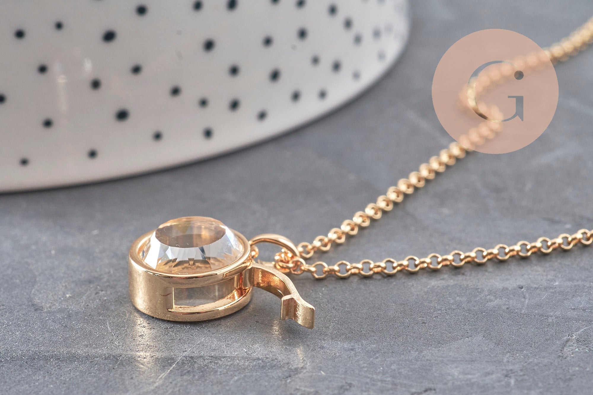 Collier locket rond porte-photo verre laiton doré 18K, x1 (G11087)
