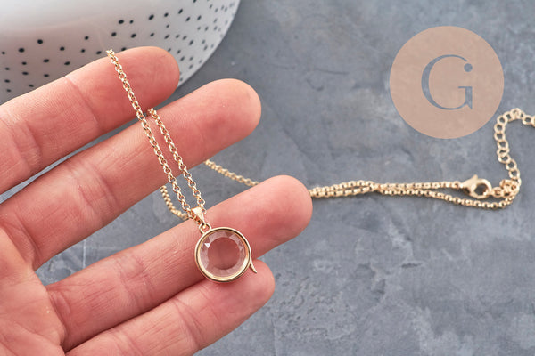 Collier locket rond porte-photo verre laiton doré 18K, x1 (G11087)
