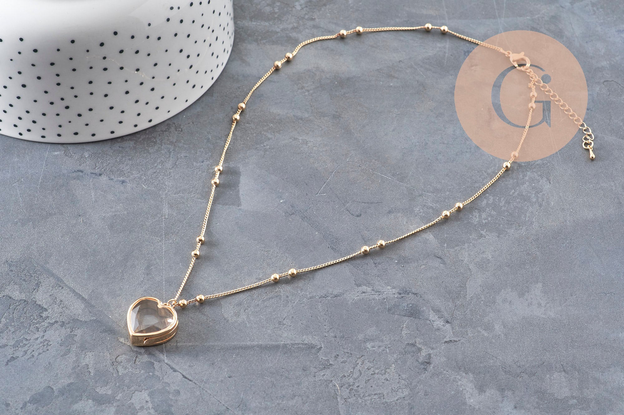 Collier locket cœur porte-photo verre laiton doré 18K, x1 (G11088)