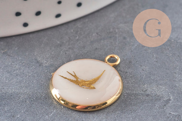 Pendentif rond motif hirondelle acier 304 inoxydable doré 16mm, x1 (G11104) VALIDE