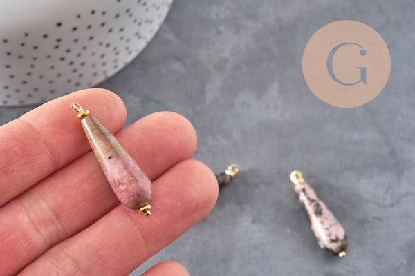 Pendentif goutte rhodonite naturelle laiton & acier doré 38mm, x1 (G11122)