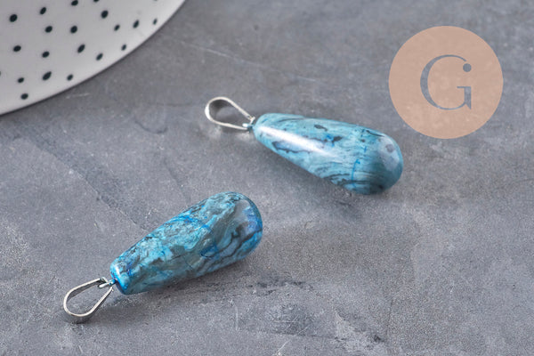 Pendentif goutte agate naturelle bleu acier inoxydable platine 28mm, x1 (G11117)