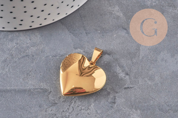 Pendentif locket coeur acier 304 inoxydable doré IP 21mm, x1 (G11139)