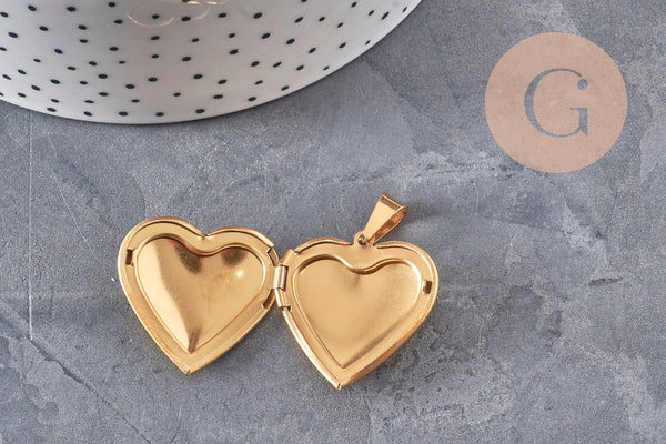Pendentif locket coeur acier 304 inoxydable doré IP 21mm, x1 (G11139)