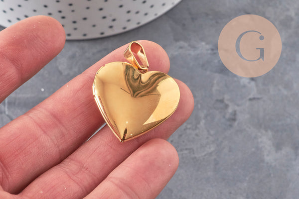 Pendentif locket coeur acier 304 inoxydable doré IP 21mm, x1 (G11139)