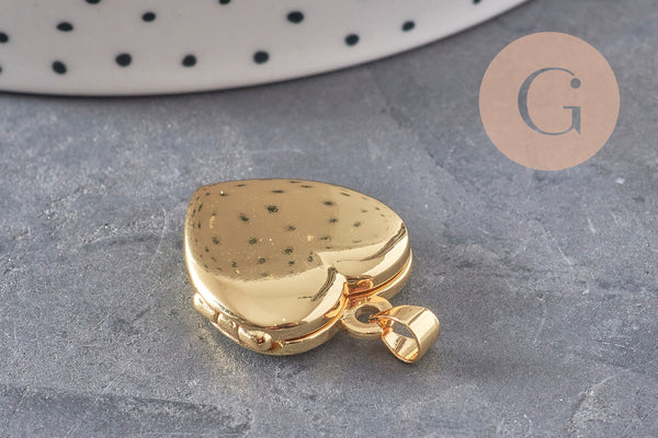 Pendentif locket cœur porte-photo laiton doré 18K 20.5mm, x1 (G11157)