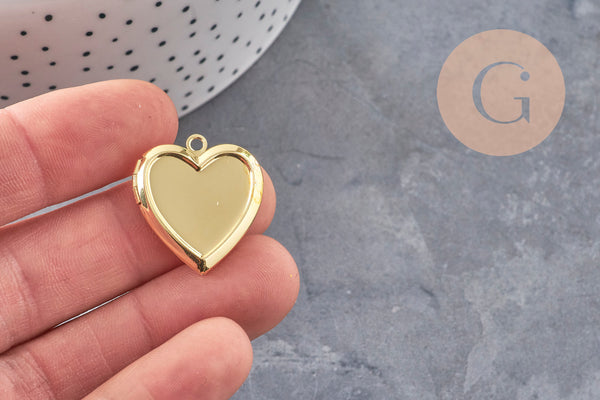 Pendentif locket coeur acier 304 inoxydable doré 25mm, x1 (G11140)