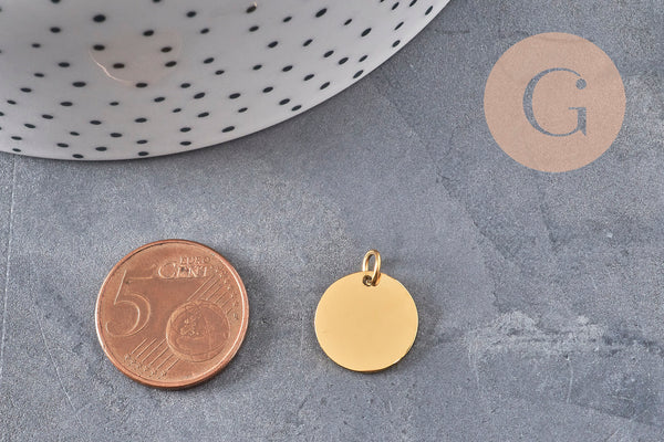 Pendentif rond acier 304 inoxydable doré IP 14mm finition Miroir, x1 (G11143)