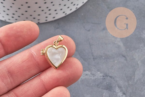 Pendentif locket rond laiton doré 18K coeur nacre naturelle 18.5mm, x1 (G11136)