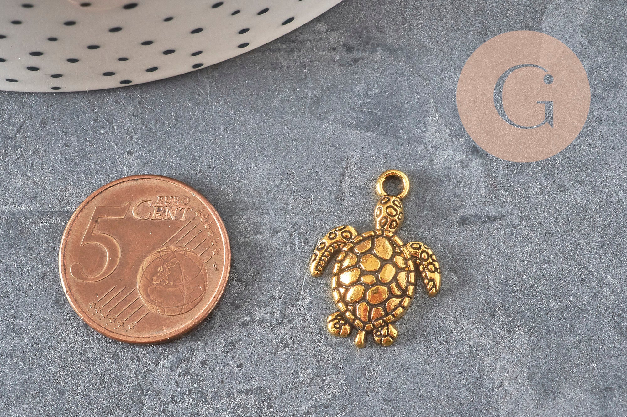 Breloque tortue zamac doré 23mm, x5 (G11229)