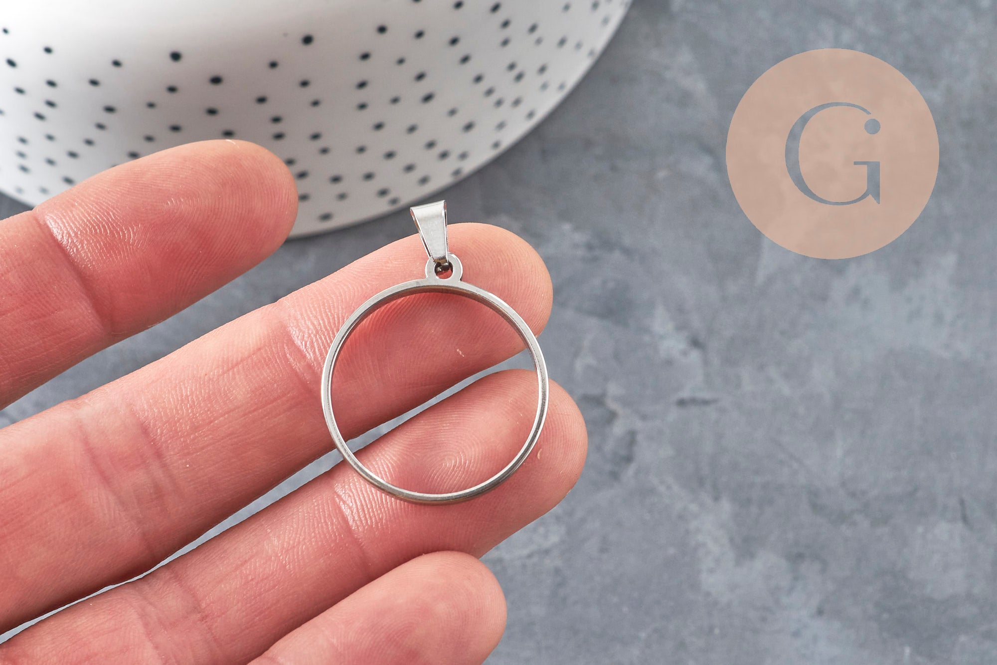 Round 304 Stainless Steel Platinum Open Back Pendant, 28mm, x1 VALID