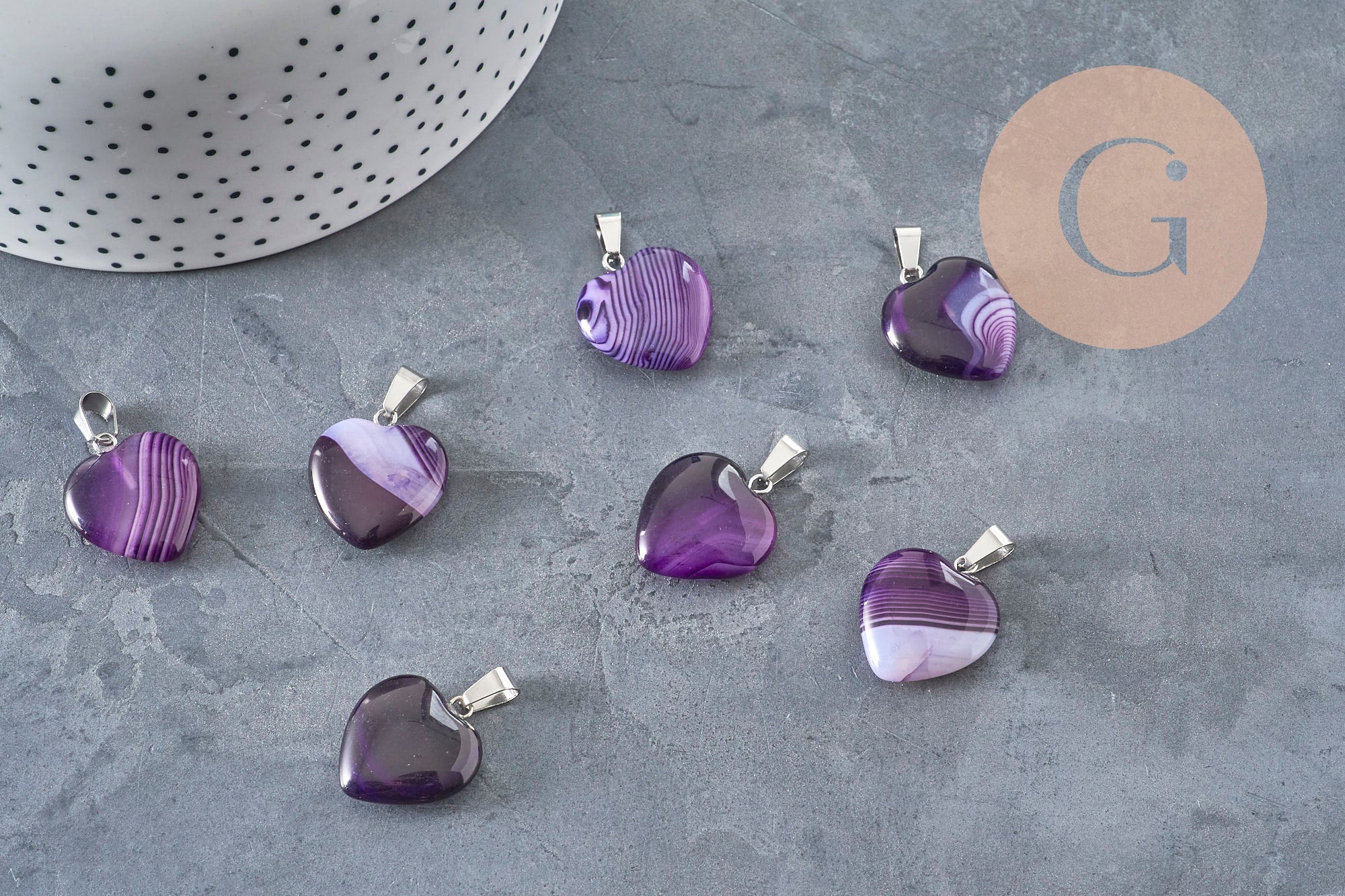 Pendentif coeur agate naturelle violet acier argenté 23mm, x1 (G11263)