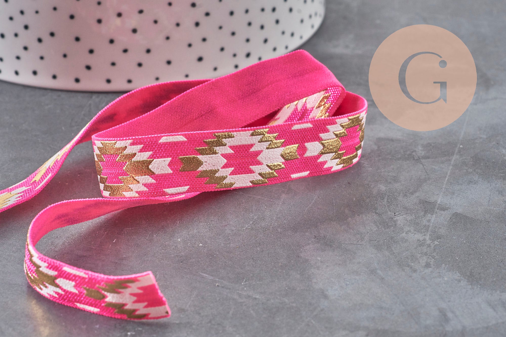 Rose gold Aztec pattern elastic ribbon 16mm, 1/5/10 Meters (G1809)