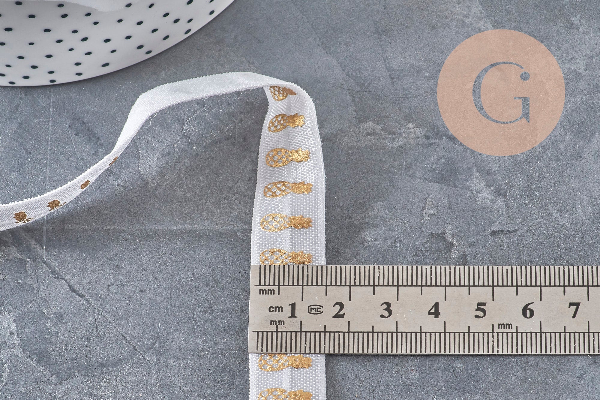 White and gold pineapple elastic ribbon 16mm, x1/5/10 Meter (G2155)