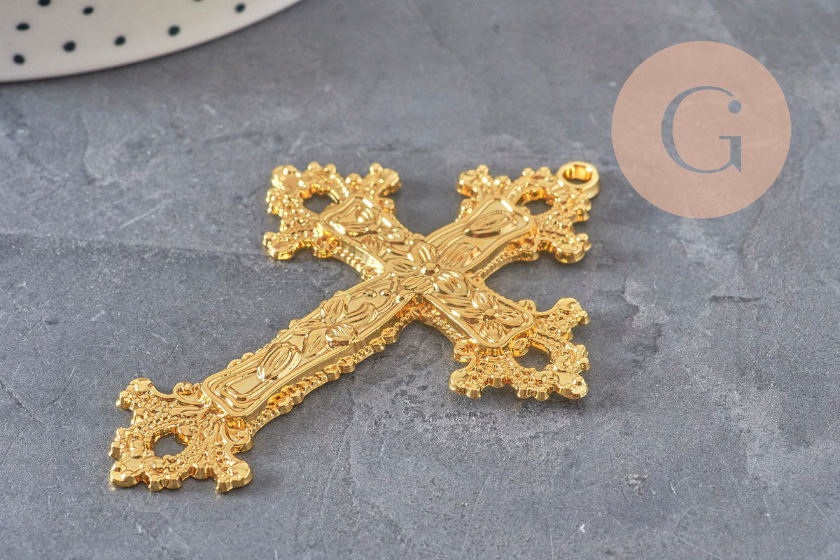 Pendentif croix zamac doré fleurs 74mm, x1 (G11311)