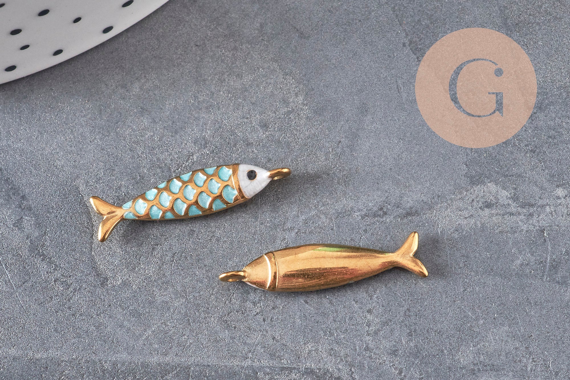 Pendentif poisson acier 304 inoxydable doré turquoise 25.5mm, x1 (G11309)