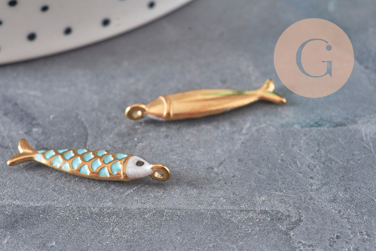 Pendentif poisson acier 304 inoxydable doré turquoise 25.5mm, x1 (G11309)