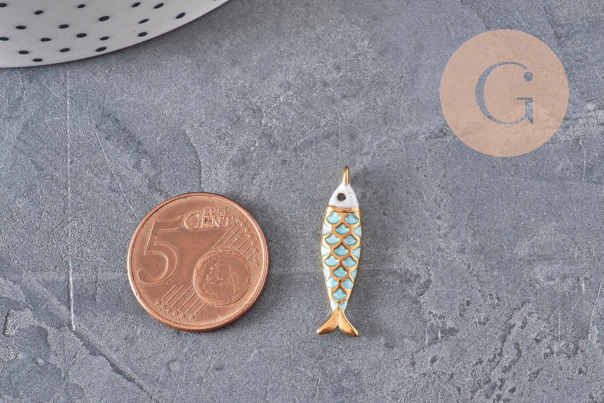 Pendentif poisson acier 304 inoxydable doré turquoise 25.5mm, x1 (G11309)