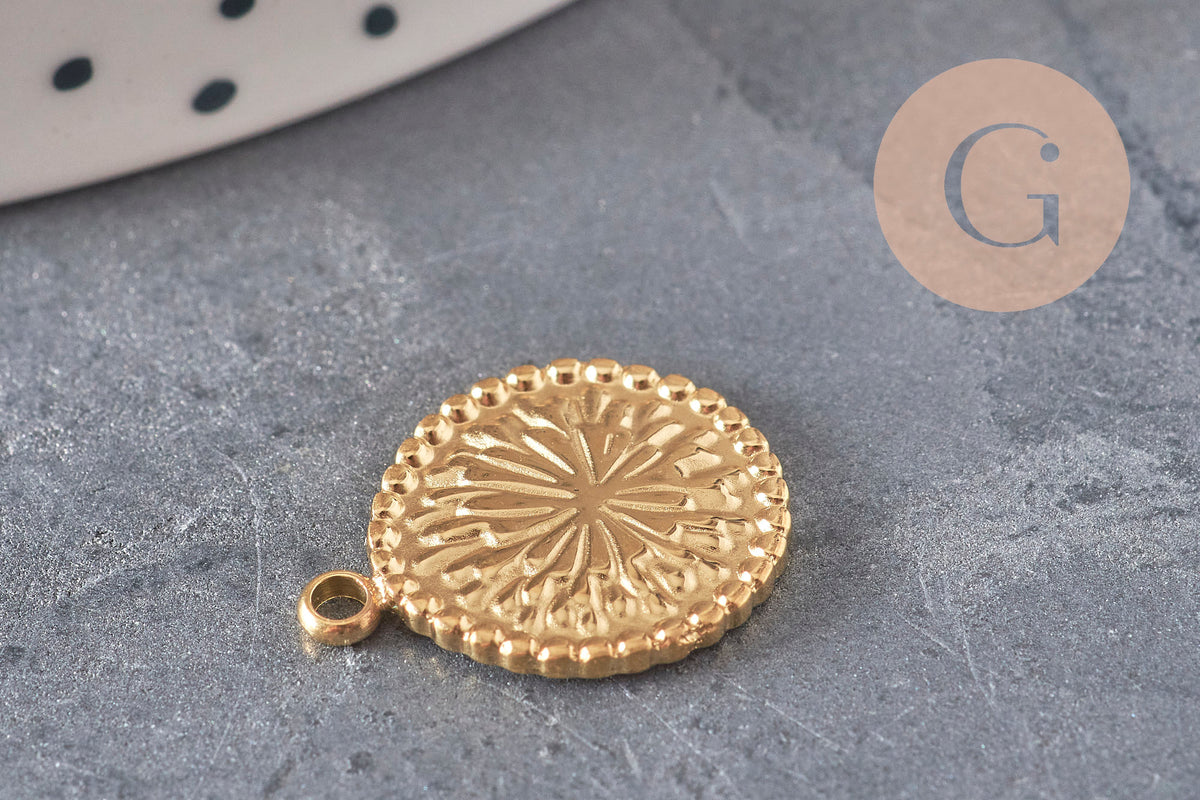 Pendentif Médaille fleur acier 304 inoxydable doré IP 18.5mm, x1 (G11326)