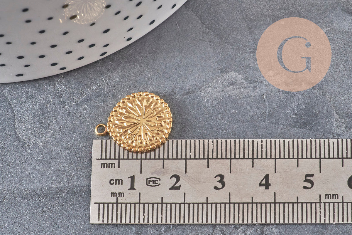 Pendentif Médaille fleur acier 304 inoxydable doré IP 18.5mm, x1 (G11326)
