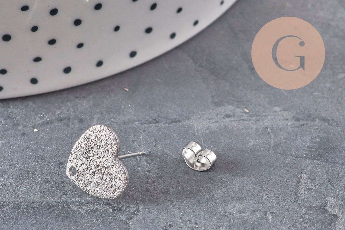 Clous-puces oreille coeur acier 304 inoxydable platine sablé 1 trou 13mm, la paire (G11318)