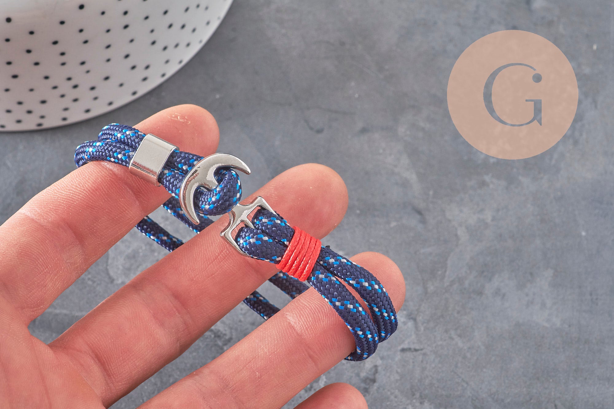 Pulsera ajustable cordón poliéster ancla zamak platino 21.5cm, x1 VÁLIDO