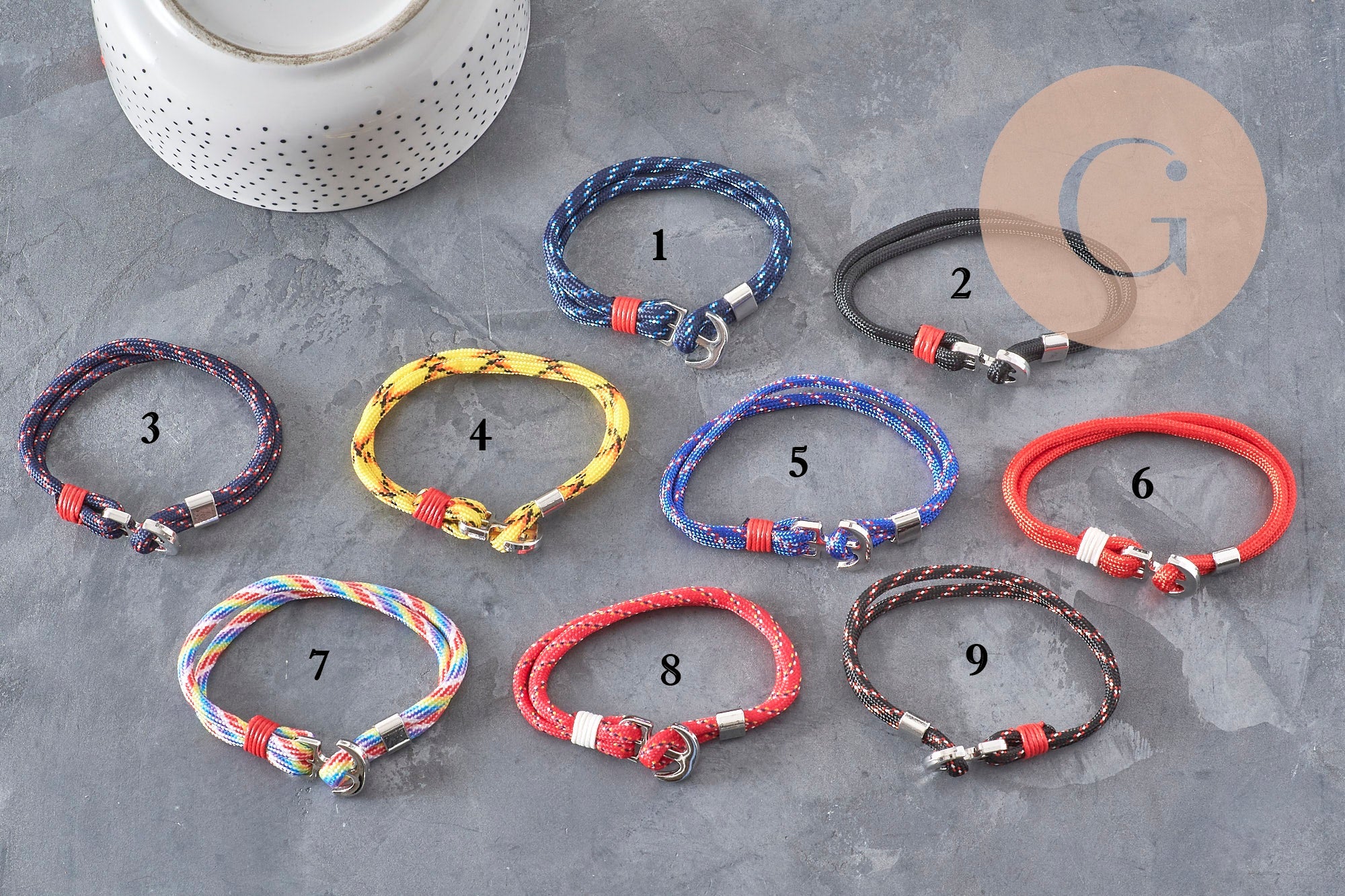 Pulsera ajustable cordón poliéster ancla zamak platino 21.5cm, x1 VÁLIDO