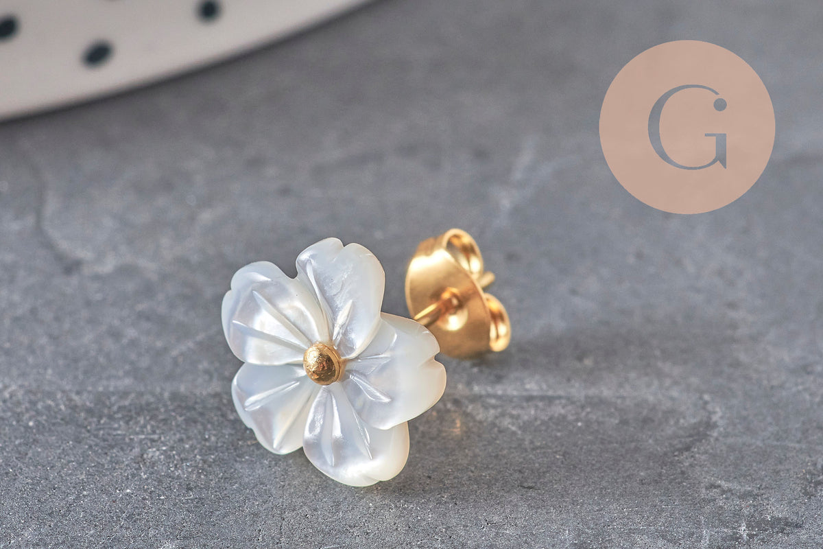 Boucles puce fleur nacre naturelle acier inoxydable doré PVD, x1 (G11305) VALIDE-Boucles d'oreilles-Gingerlily Perles