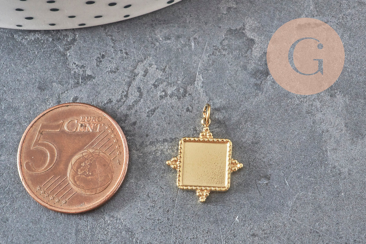 Pendentif carré cabochon 8mm acier inoxydable doré IP 16.5mm, x1-Breloques et pendentifs-Gingerlily Perles