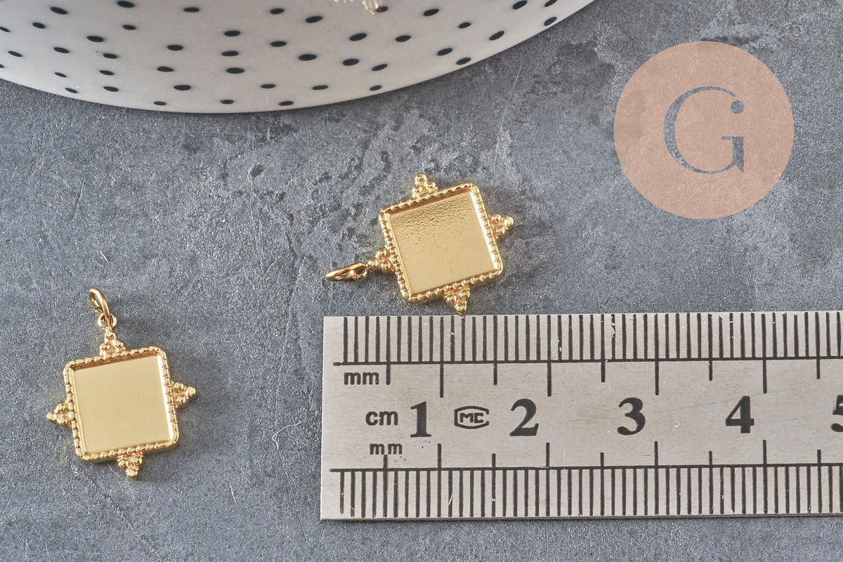 Pendentif carré cabochon 8mm acier inoxydable doré IP 16.5mm, x1-Breloques et pendentifs-Gingerlily Perles