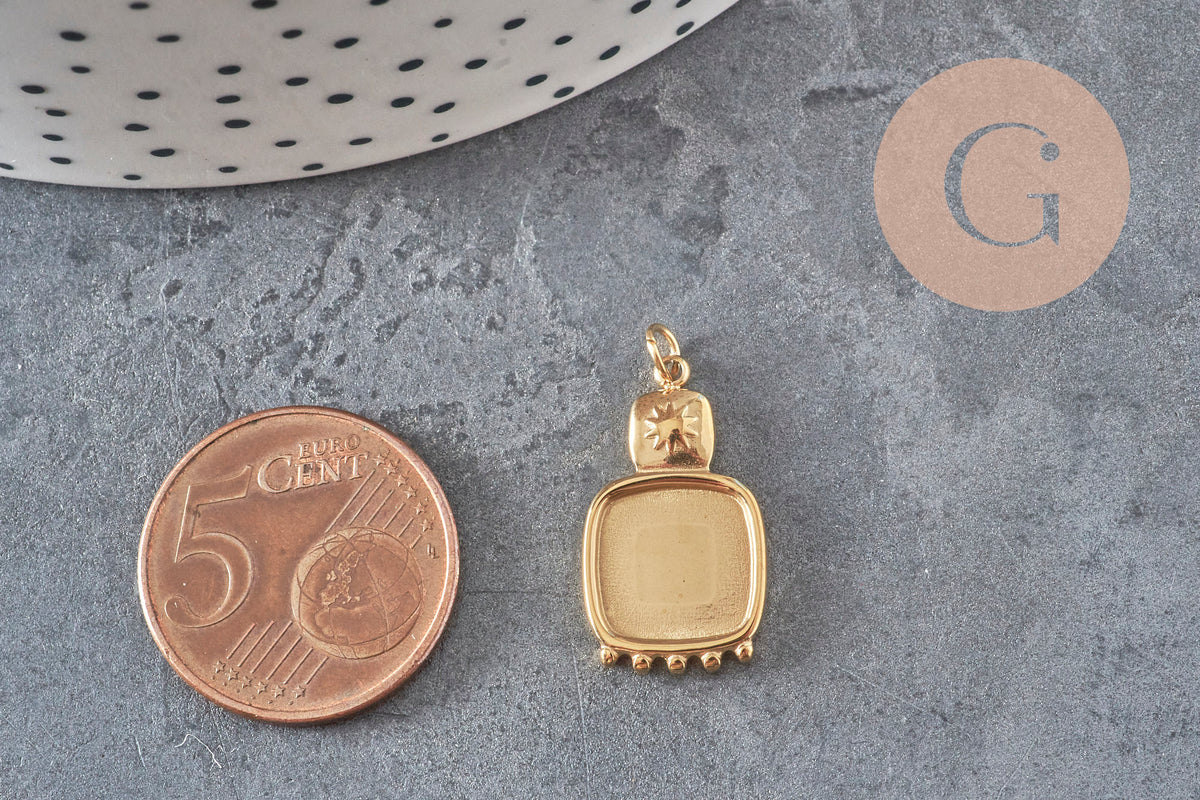 Pendentif carré cabochon 10mm acier inoxydable doré IP 21mm, x1-Breloques et pendentifs-Gingerlily Perles
