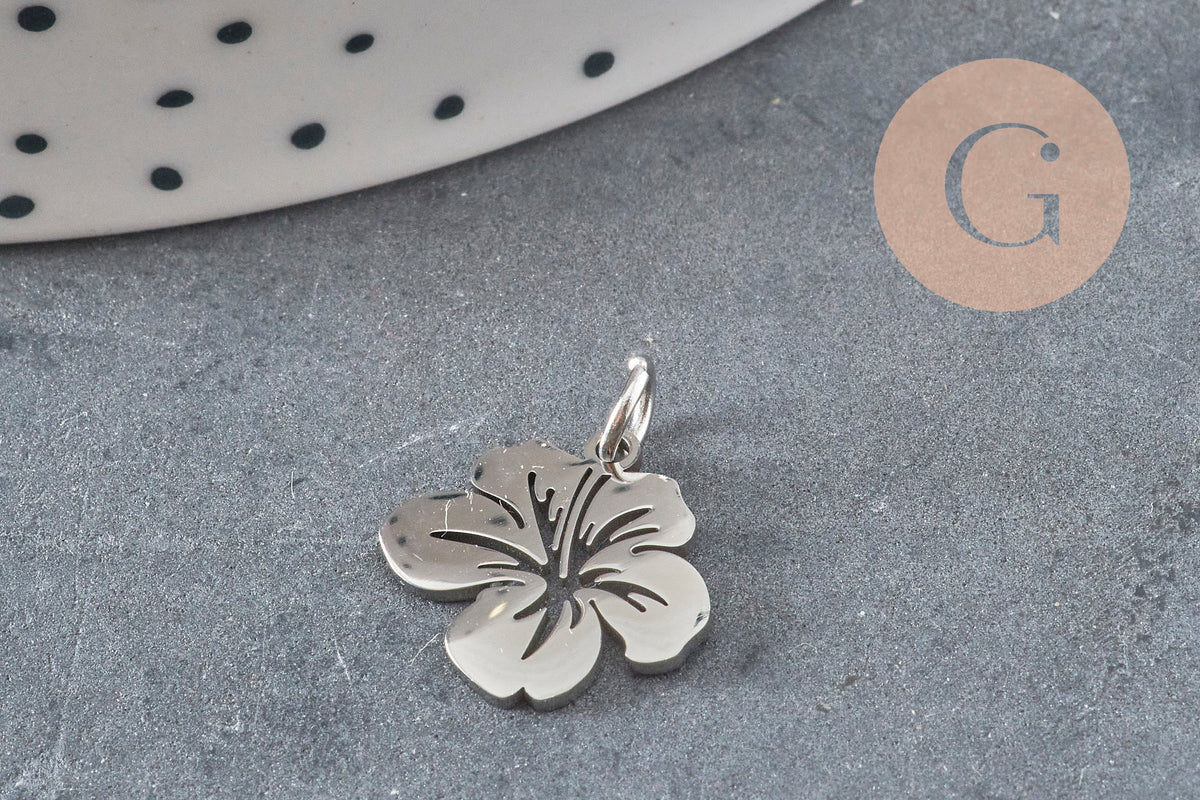 Pendentif fleur tropicale acier 201 inoxydable platine 15mm x1 VALIDE-Breloques et pendentifs-Gingerlily Perles