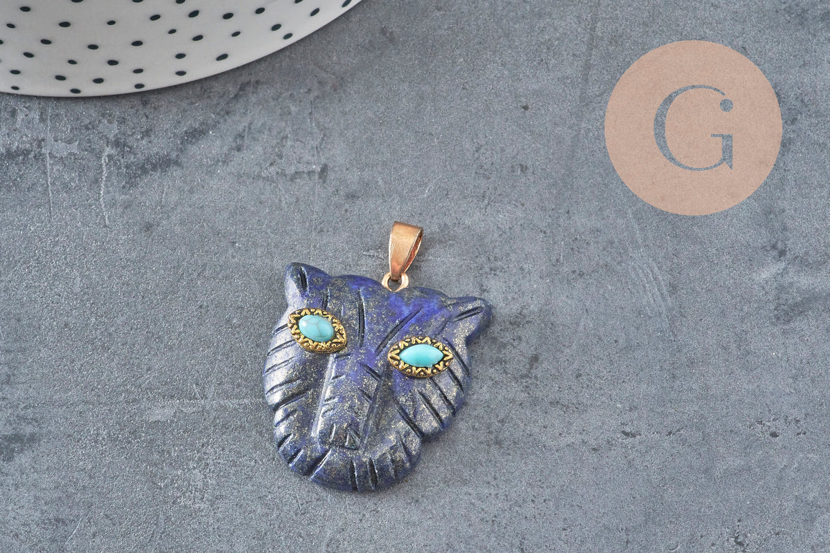Pendentif tête de léopard Lapis Lazulis naturel laiton doré 32.5mm, x1 VALIDE-pendentif pierre-Gingerlily Perles