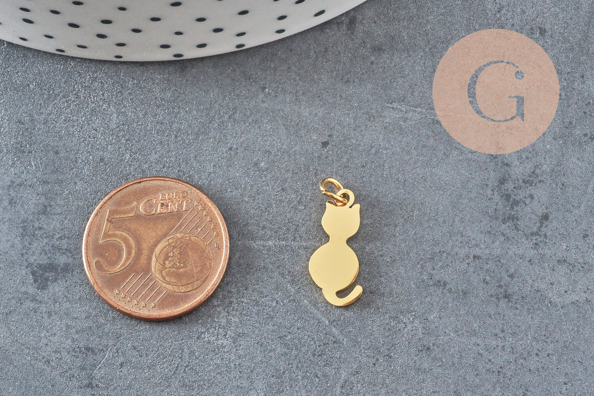 Pendentif chat acier 201 doré inoxydable 17mm, x1 VALIDE-Breloques et pendentifs-Gingerlily Perles